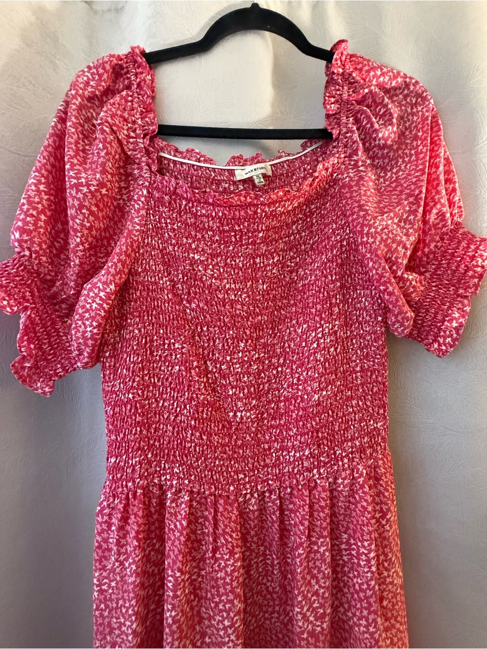 Max Studio Hot Pink Smocked Puff-Sleeve Tunic Dress